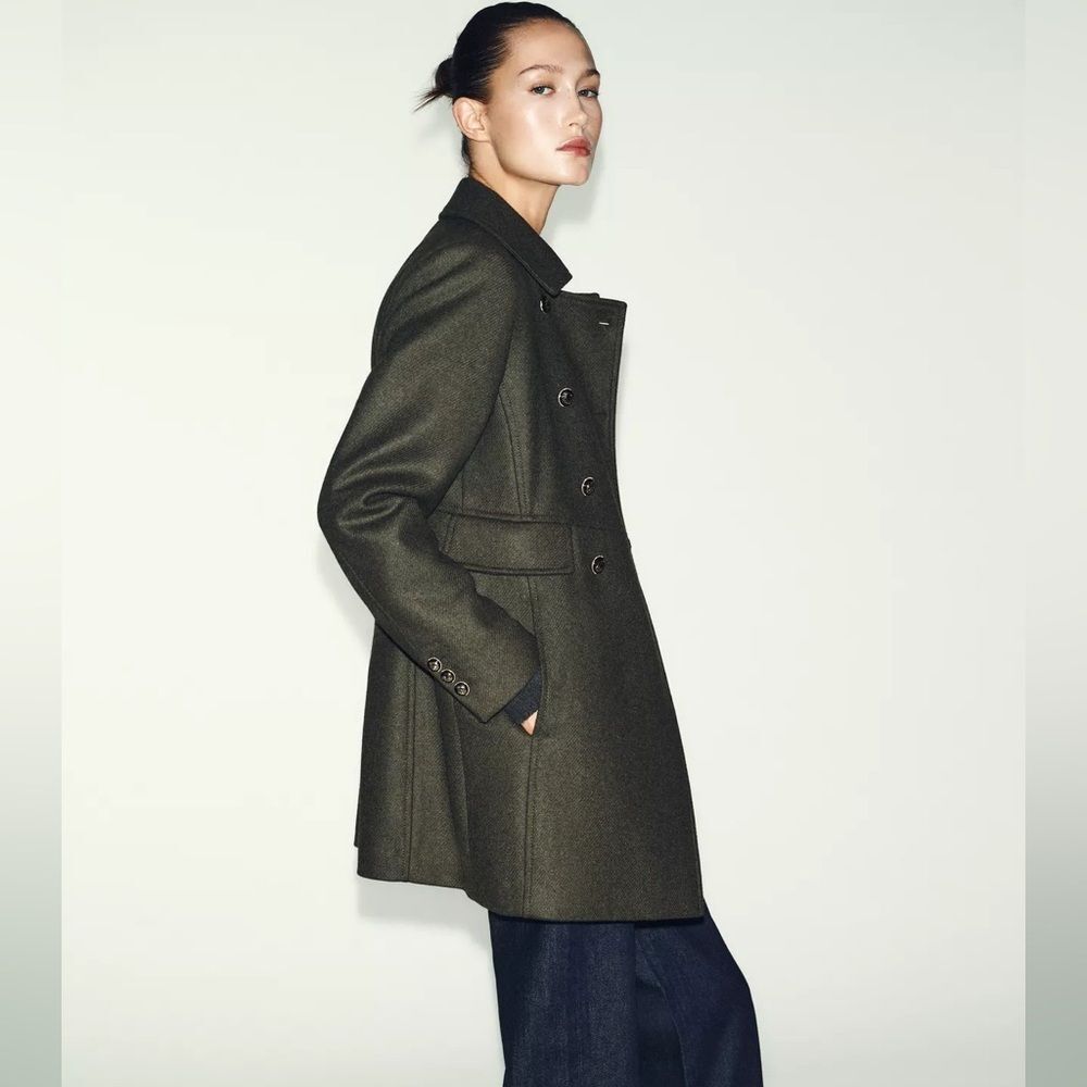 ZARA DOUBLE BREASTED KHAKI WOOL BLEND COAT - Picture 9 of 13